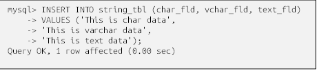 mysql> INSERT INTO string_tbl (char_fld, vchar_fld, text_fld)
    -> VALUES ('This is char data',
    -> 'This is varchar data',
    -> 'This is text data');
Query OK, 1 row affected (0.00 sec)


