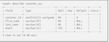 mysql> describe customer_vw;
+-------------+----------------------+------+-----+---------+-------+
| Field       | Type                 | Null | Key | Default | Extra |
+-------------+----------------------+------+-----+---------+-------+
| customer_id | smallint(5) unsigned | NO   |     | 0       |       |
| first_name  | varchar(45)          | NO   |     | NULL    |       |
| last_name   | varchar(45)          | NO   |     | NULL    |       |
| email       | varchar(11)          | YES  |     | NULL    |       |
+-------------+----------------------+------+-----+---------+-------+
4 rows in set (0.00 sec)

